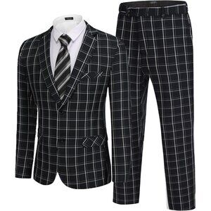 Men's Black ( Plaid ) 2 Piece Suits Slim Fit 2 Button Business Wedding Party